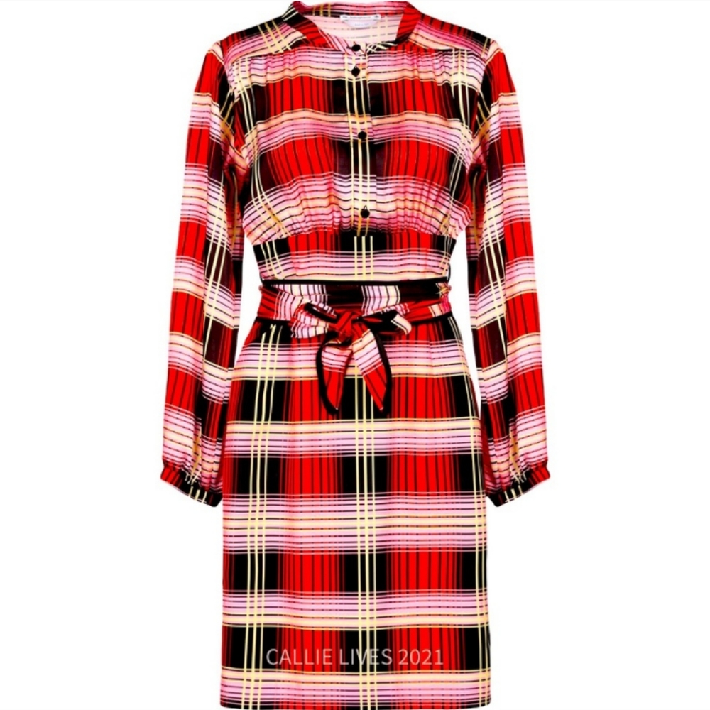 NWT Vintage Style Plaid Pink Red Black Belted Work Casual Dress Size 6